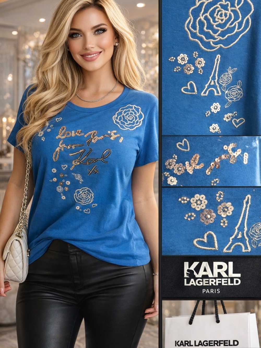 Karl Lagerfeld Royal Blue Sequin Floral Eiffel Tee